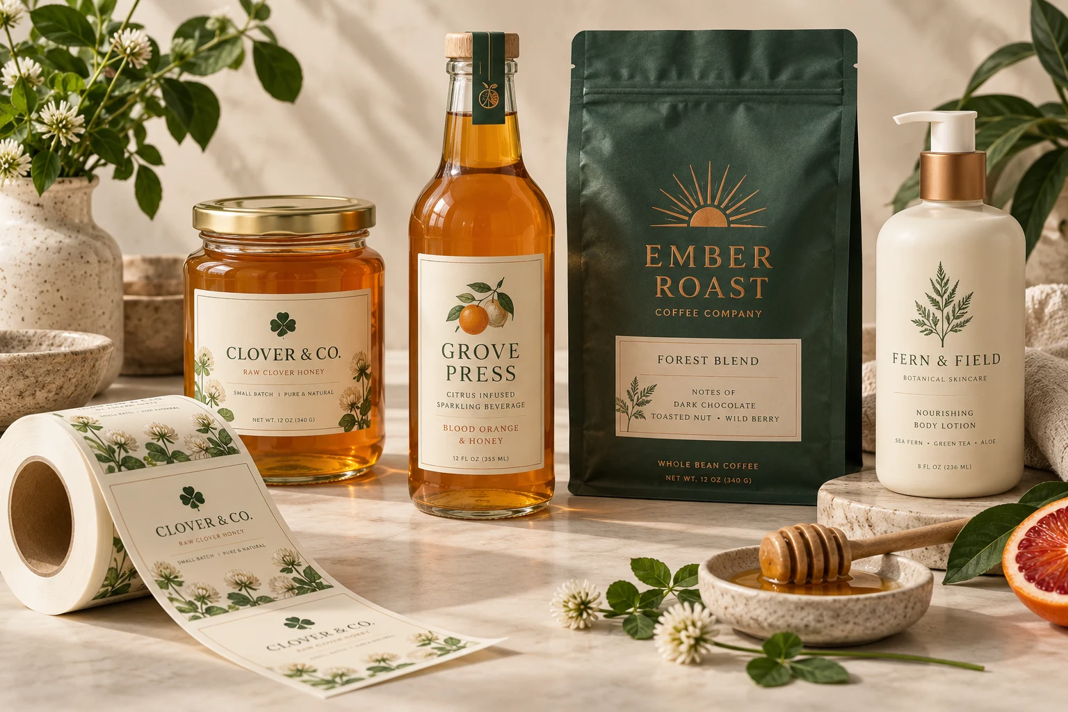 Illustrative custom labels on food, beverage and personal care packaging